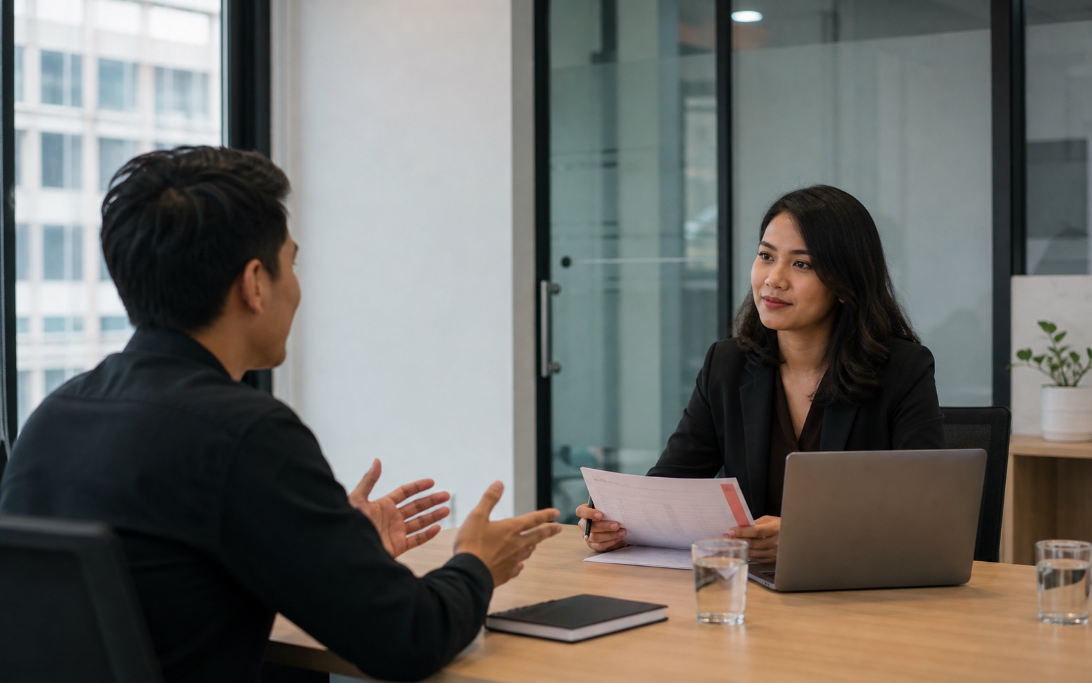Photograph of a structured hiring interview in progress