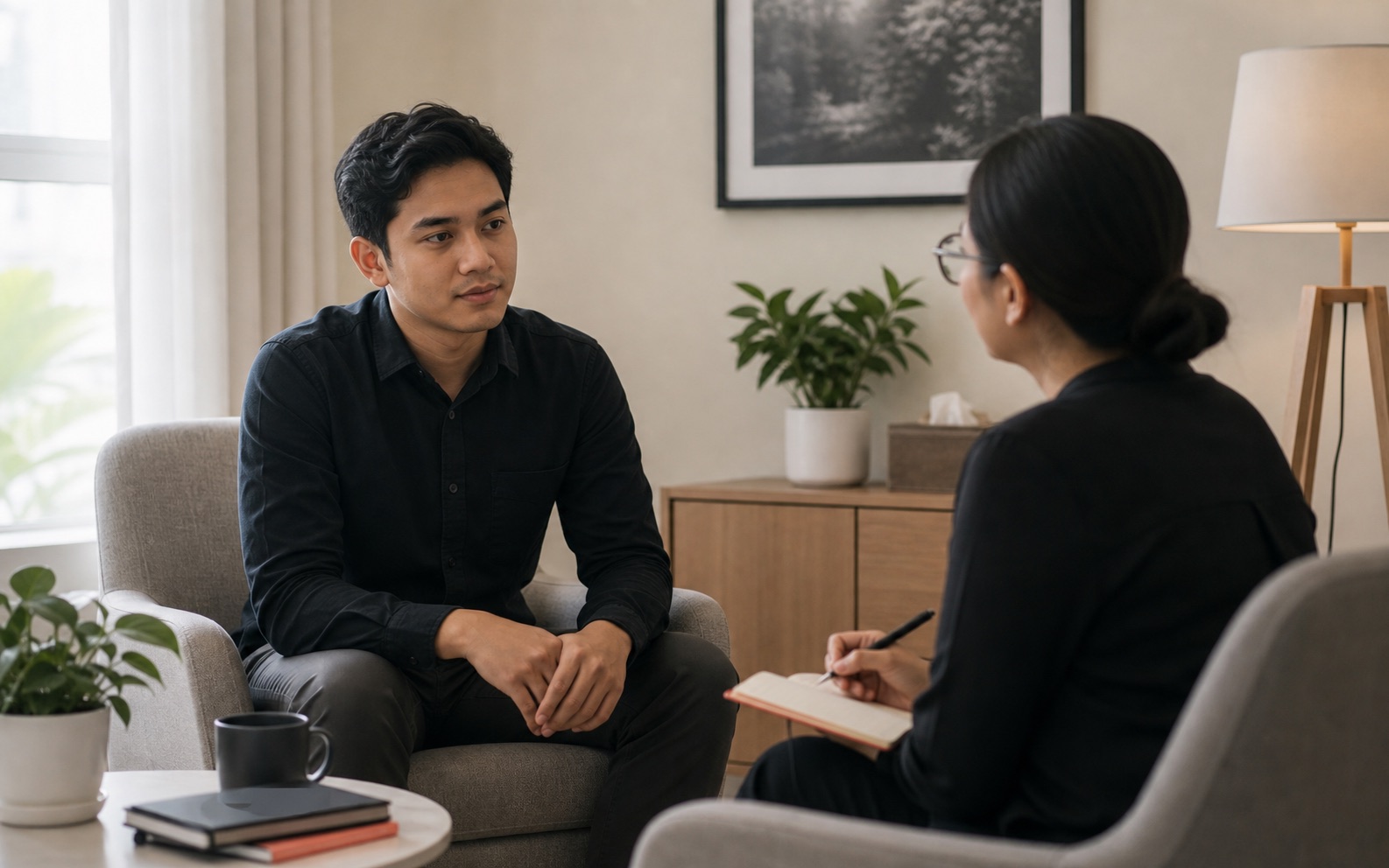 Photograph of a calm workplace wellbeing support conversation
