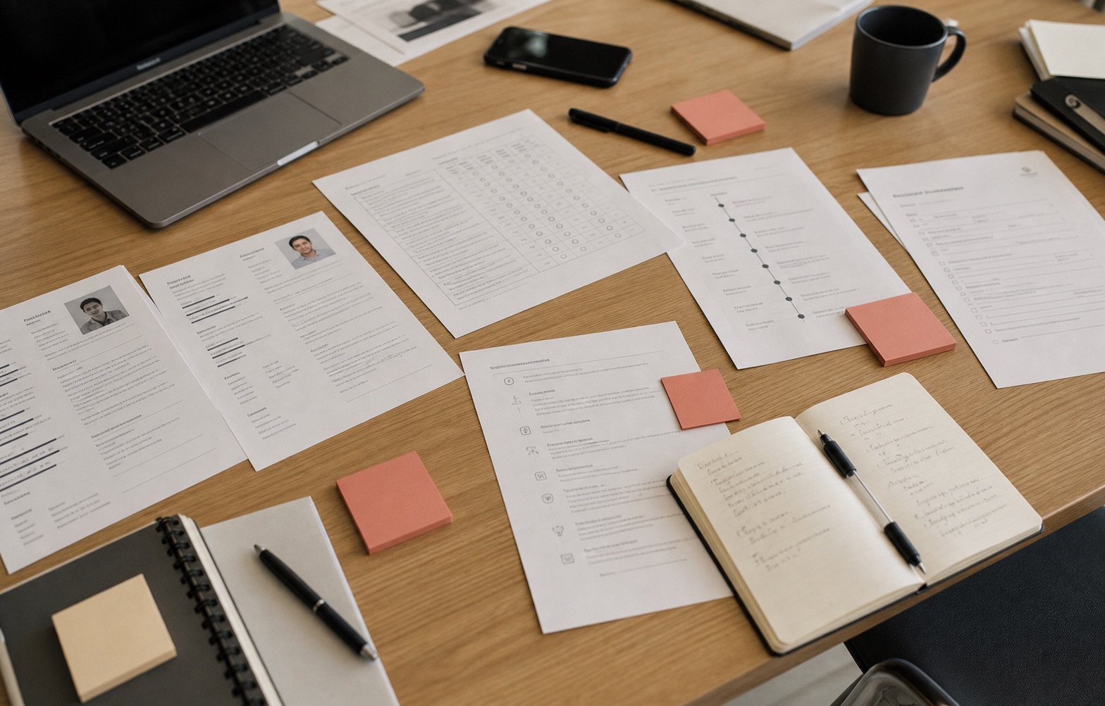 Photograph of workforce product planning artifacts on a table