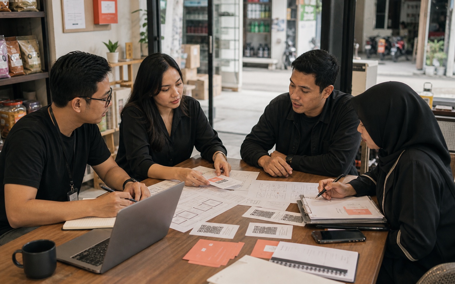 Photograph of a field product team reviewing operating visibility materials