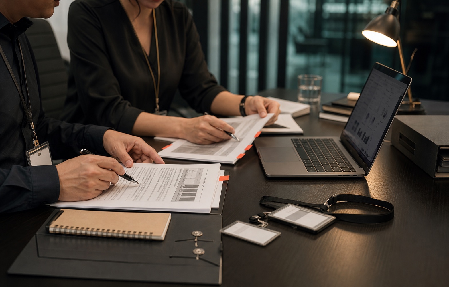 Photograph of professionals reviewing AI operations documents and review paths